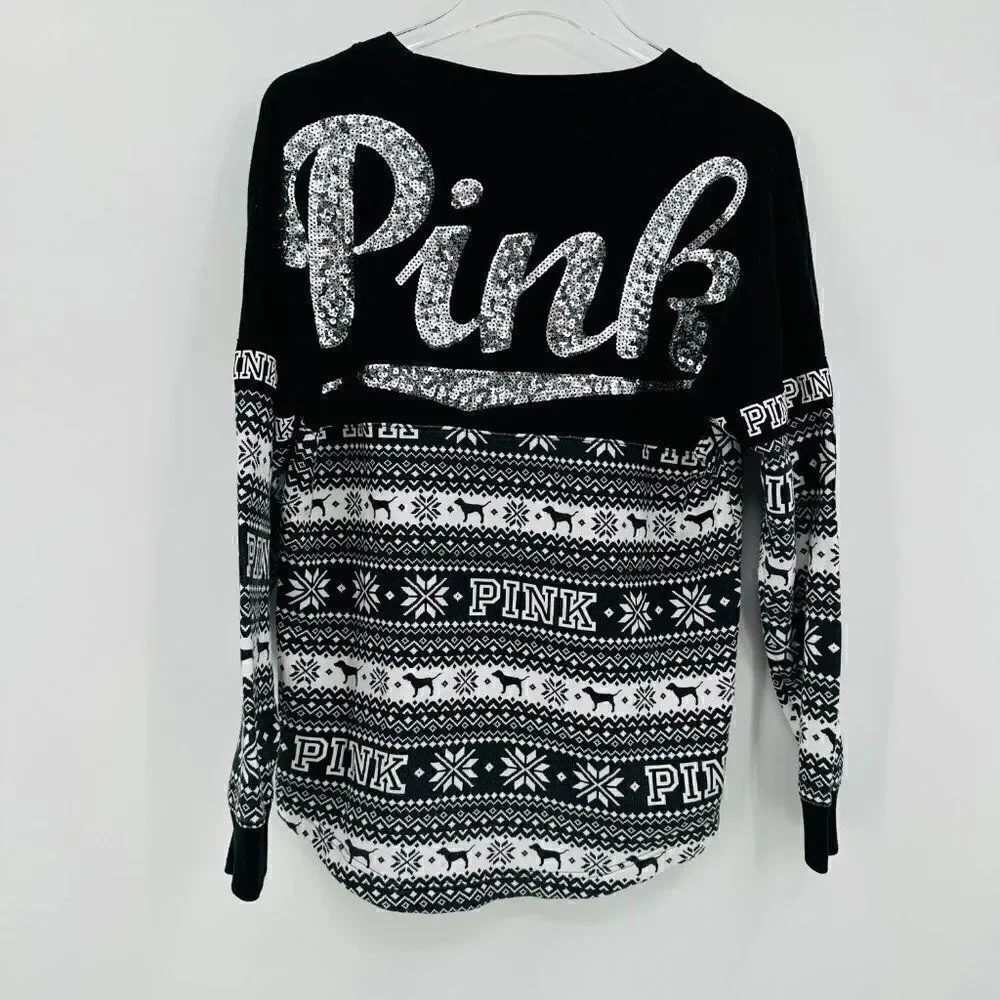 VS PINK Size XS Black & White Sequin Embellished Winter Pullover Sweatshirt